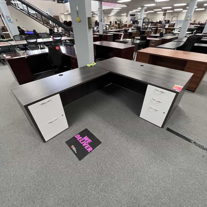 72″ Grey and White Modern L-Desk with 2 Pedestals – Left Return Office Furniture Liquidations