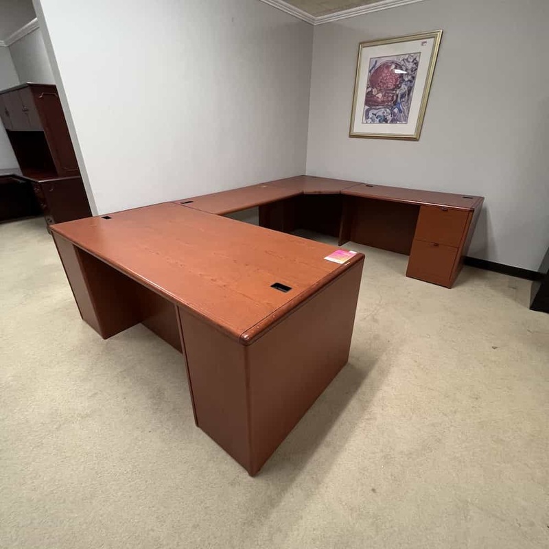 72″ Hon Cherry U-Desk with 2 Pedestals – Right Return Office Furniture Liquidations