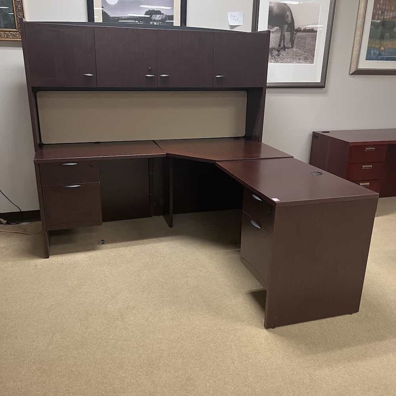 72″ Mahogany Corner Desk with Hutch with 2 Hanging Files Office Furniture Liquidations