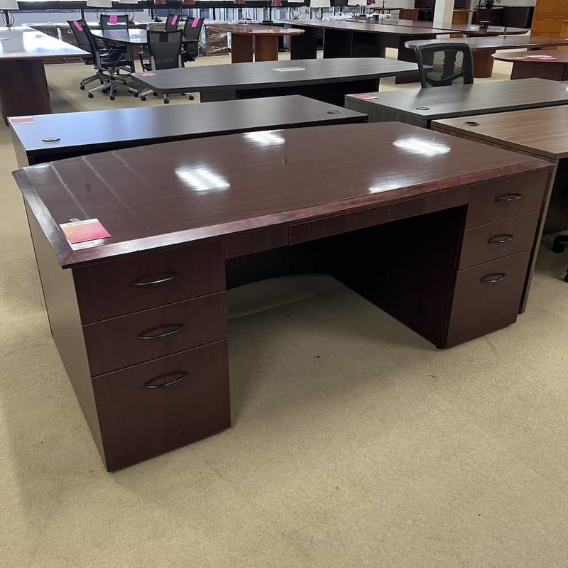 72″ Mahogany Transitional Bow Front Desk with 2 Pedestals Office Furniture Liquidations
