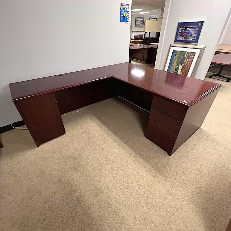 72″ National Mahogany L-Desk with Two Hanging Files – Left Return Office Furniture Liquidations