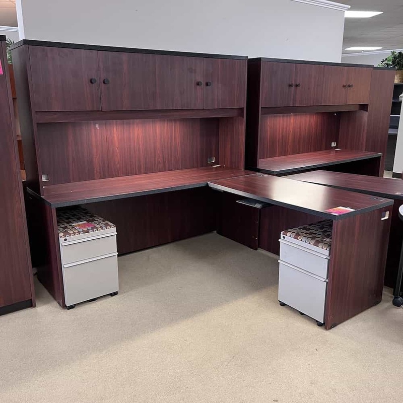 72″ Wide Mahogany/Black L-Desk Shell with Hutch and Light – Right Return Office Furniture Liquidations