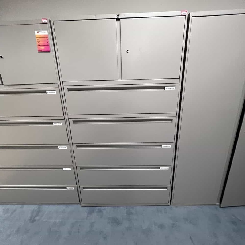 76″ High Office Specialty Grey Metal 5 Drawer Lateral File with 2 Door Top Cabinet Office Furniture Liquidations