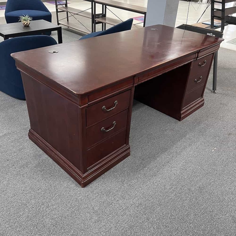 78″ Cherry and Brass Transitional Vintage Executive Desk Office Furniture Liquidations