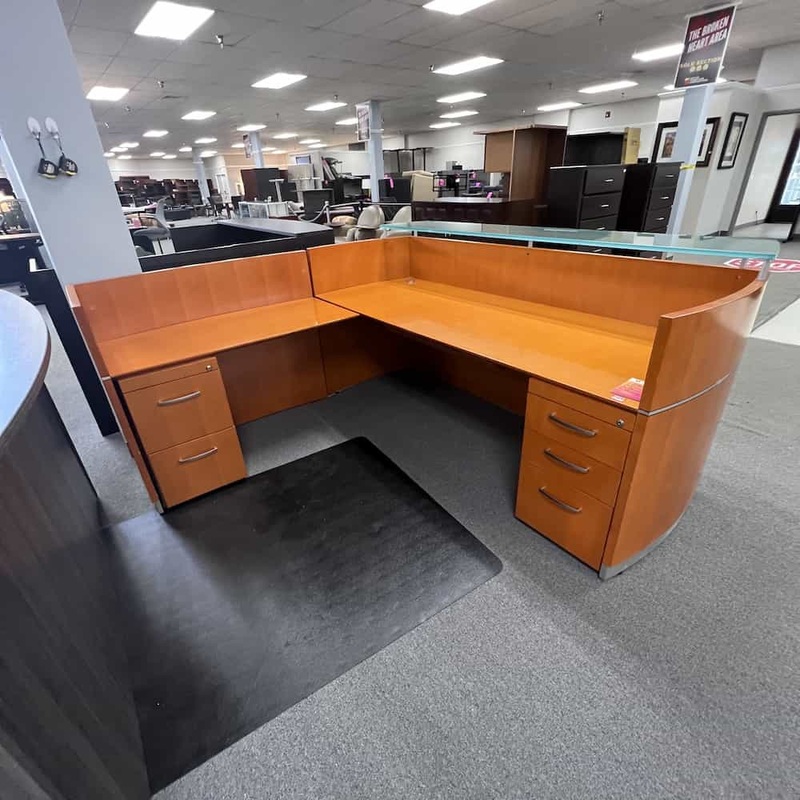 87″ Mayline Honey and Glass Reception L-Desk – Left Return Office Furniture Liquidations