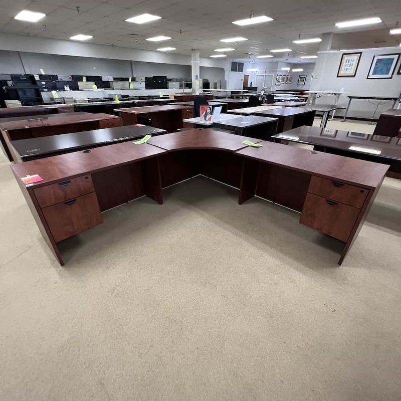 89″ Cherry and Black Corner L-Desk with 2 Hanging Files Office Furniture Liquidations