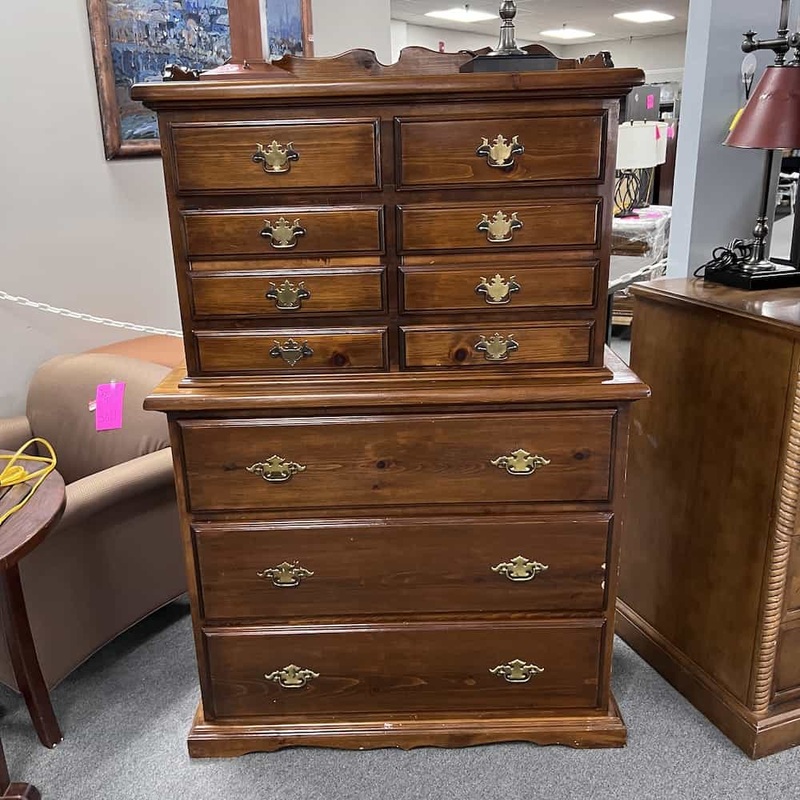 65″ High Walnut and Gold Traditional Highboy Dresser Office Furniture Liquidations