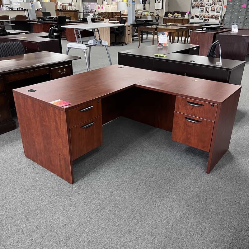 66″ Cherry and Black L-Desk with 2 Hanging Files – Right Return Office Furniture Liquidations
