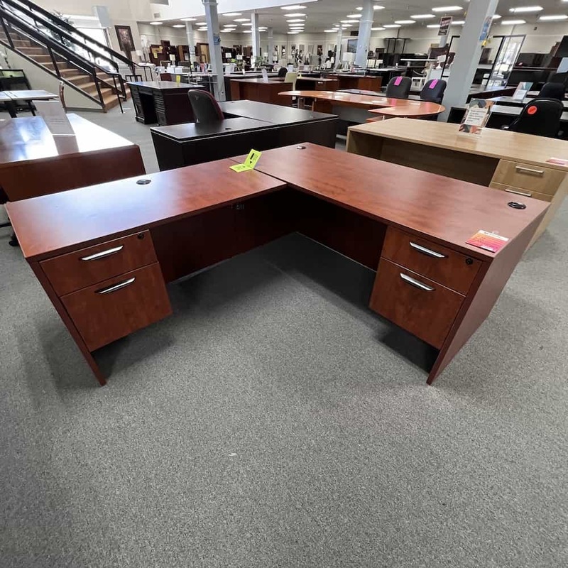 66″ Cherry L-Desk with Two Hanging Files – Left Return Office Furniture Liquidations