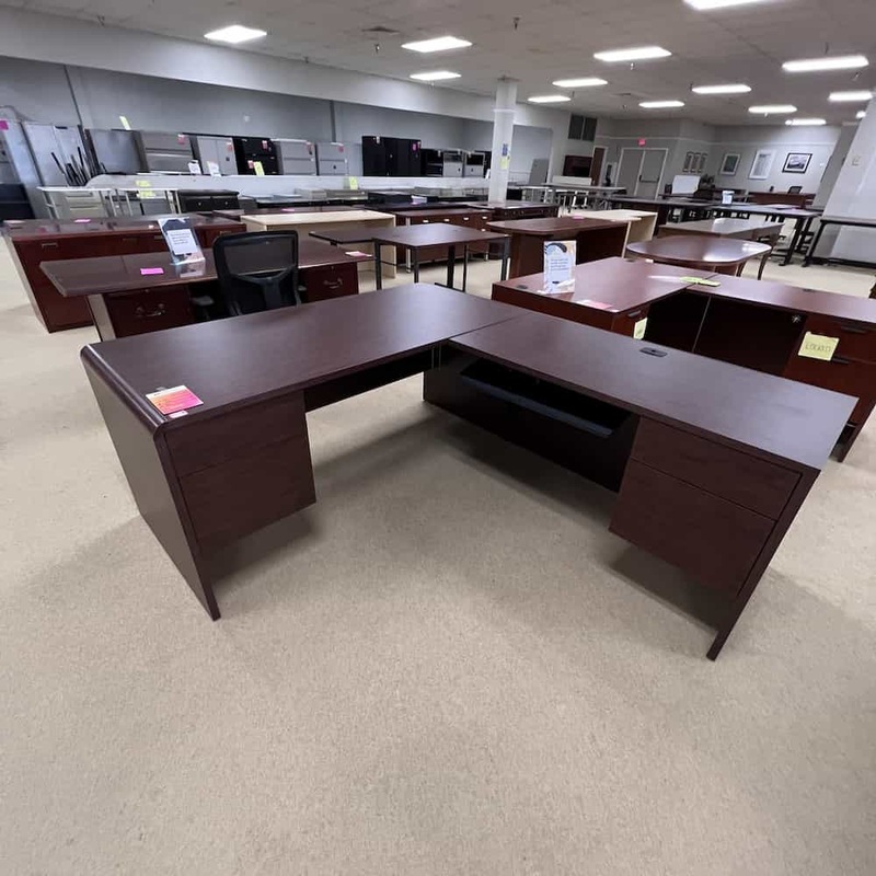 66″ Global Mahogany L-Desk with 2 Hanging Files – Right Return Office Furniture Liquidations