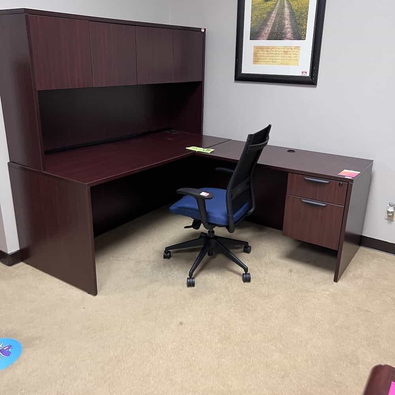 66″ Mahogany and Black L-Desk with Hutch – Right Return Office Furniture Liquidations