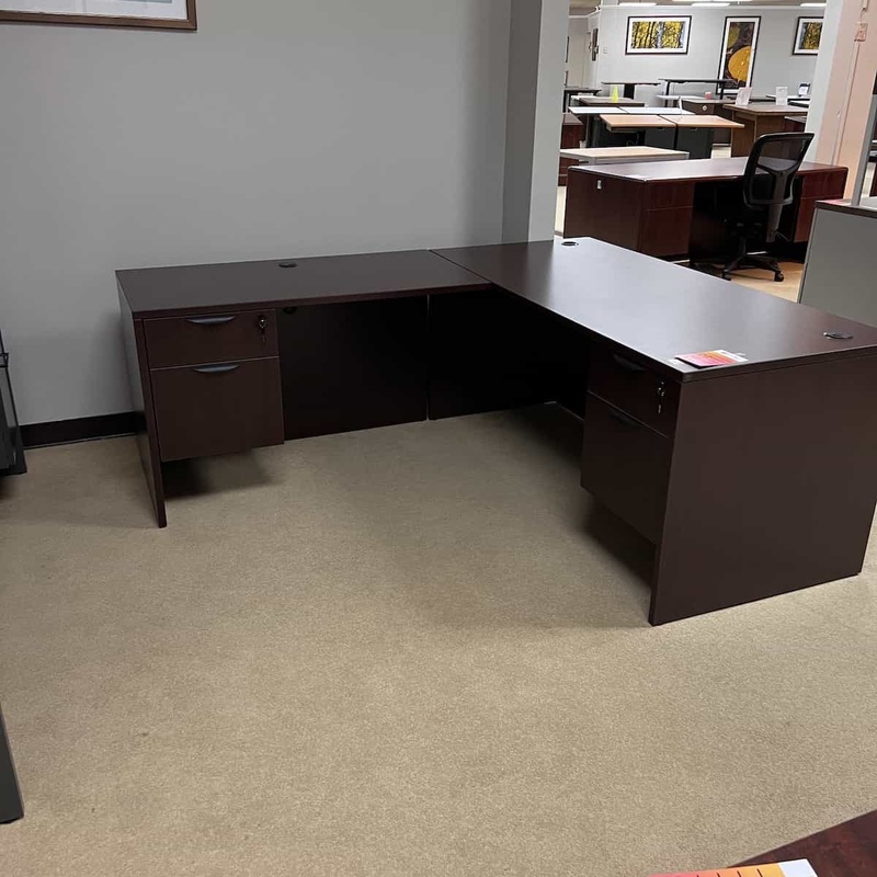 66″ Wide Mahogany/Black L-Desk – Left Return Office Furniture Liquidations