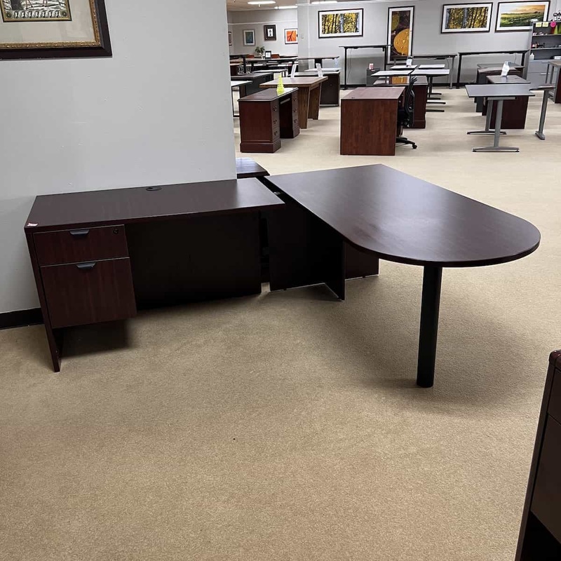 66″ Wide Mahogany Bullet Nose L-Desk – Left Return Office Furniture Liquidations