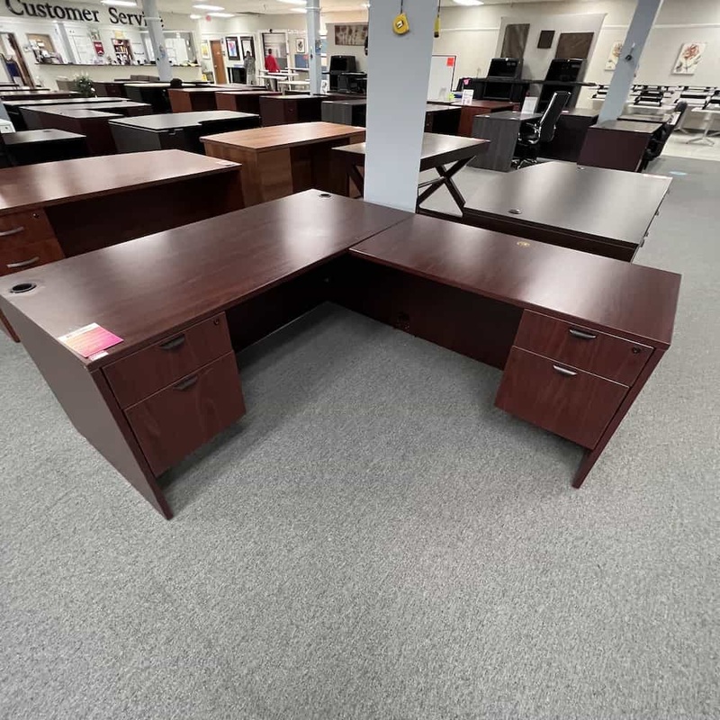 66″ Wide Mahogany L-Desk with 2 Hanging Pedestals- Right Return Office Furniture Liquidations