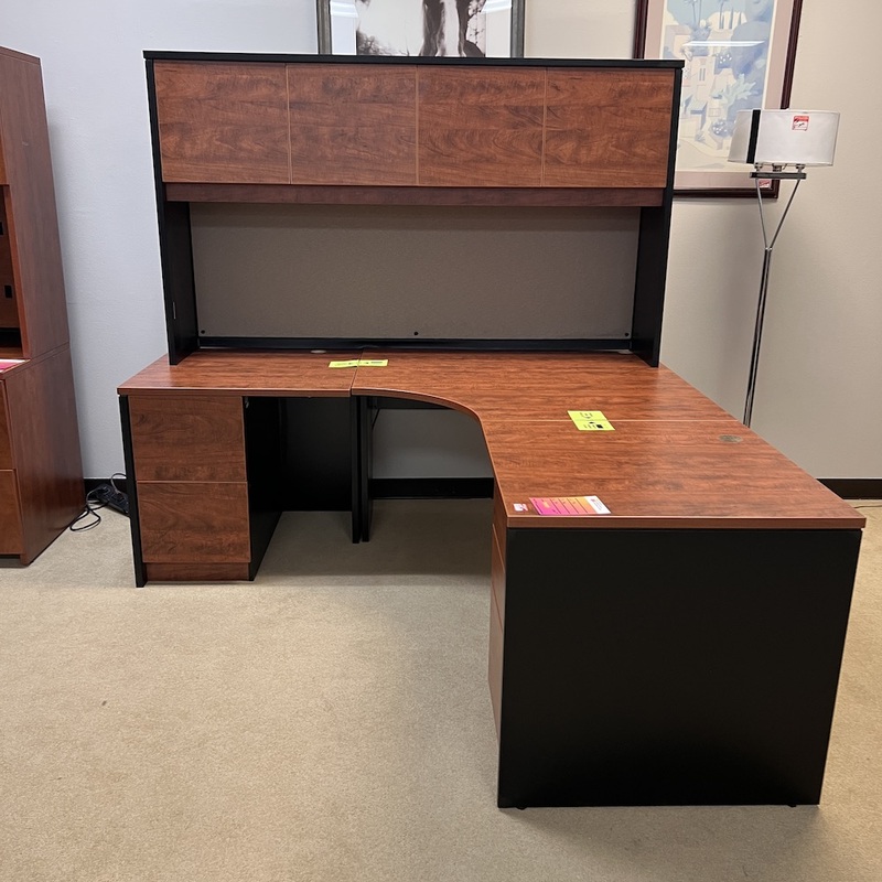 71″ Cherry and Black L-Desk with 2 Pedestals and Hutch Office Furniture Liquidations