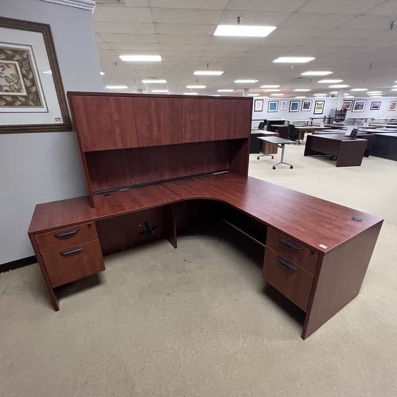 71″ Cherry and Black L-Desk with Hutch – Left Return Office Furniture Liquidations