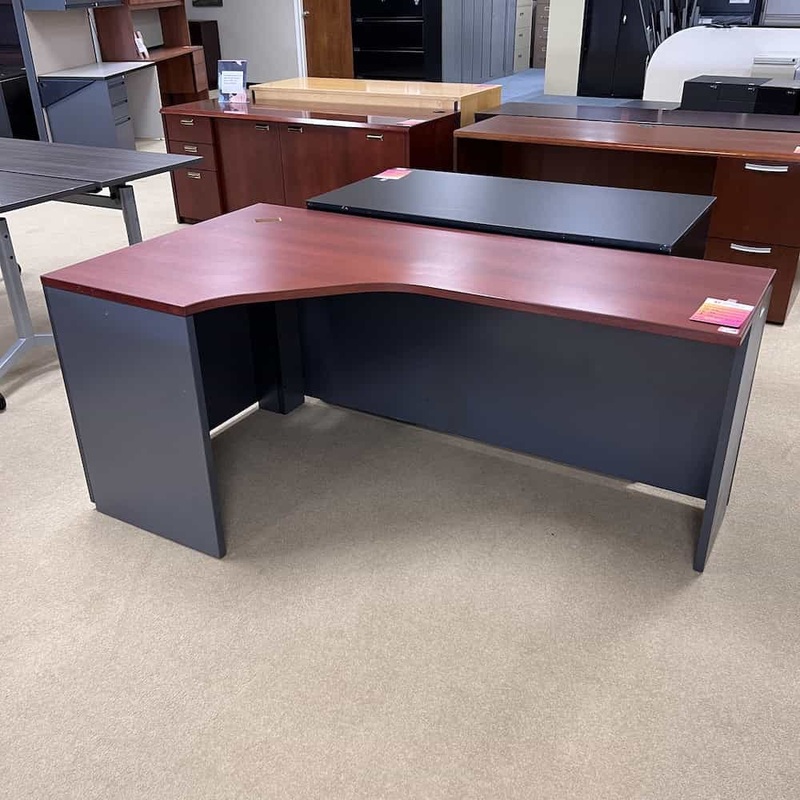 71″ Cherry and Grey L-Desk Shell – Left Return Office Furniture Liquidations