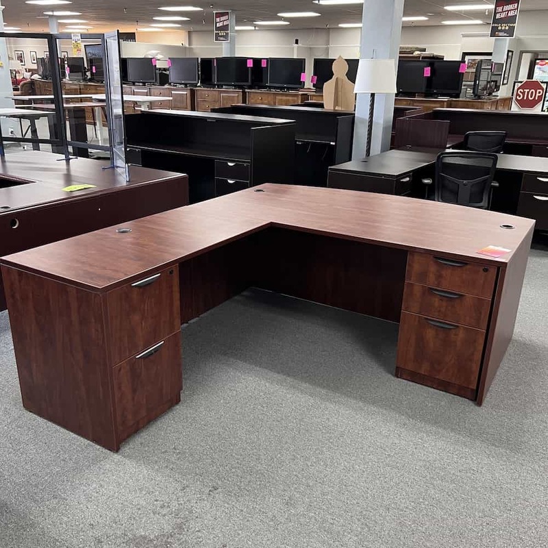 71″ Cherry Bow Front L-Desk with 2 Pedestals – Left Return Office Furniture Liquidations