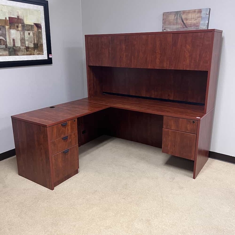 71″ Cherry L-Desk with Hutch – Left Return Office Furniture Liquidations