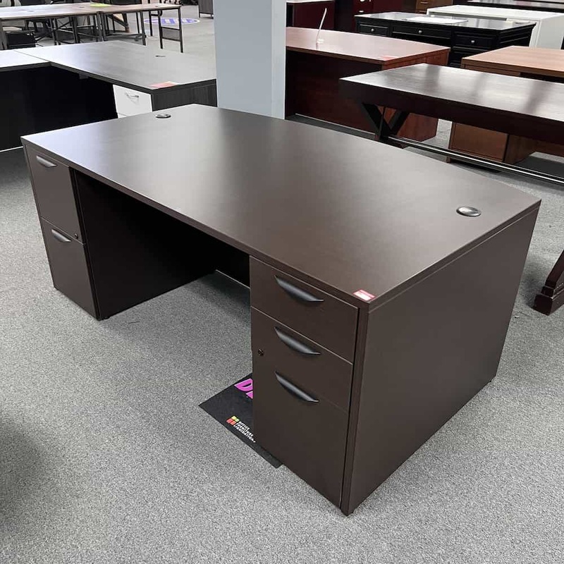 71 Espresso and Black Bow Front Desk with 2 Pedestal Files Office Furniture Liquidations