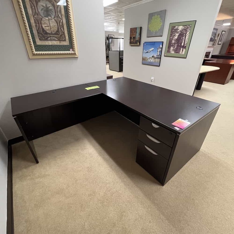 71″ Espresso L-Desk with One Pedestal – Left Return Office Furniture Liquidations