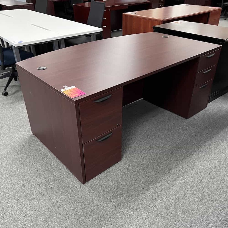 71″ Mahogany and Black Bow Front Desk with 2 Pedestal Files Office Furniture Liquidations