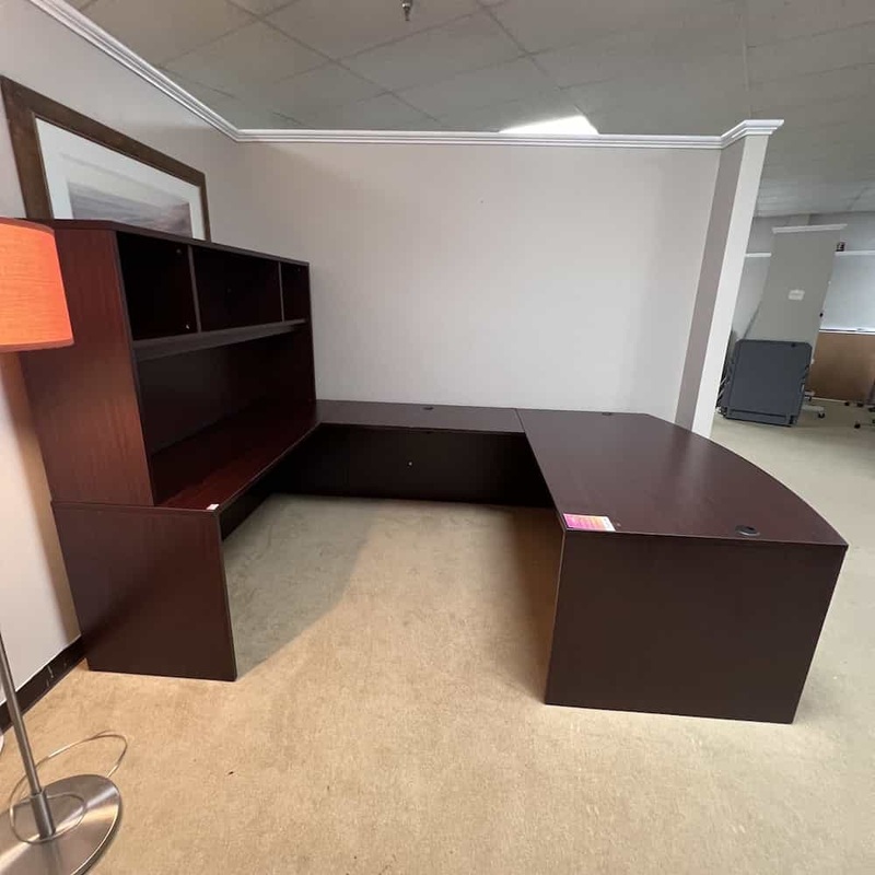 71″ Mahogany Bowfront U-Desk Shell with Hutch – Left Return Office Furniture Liquidations