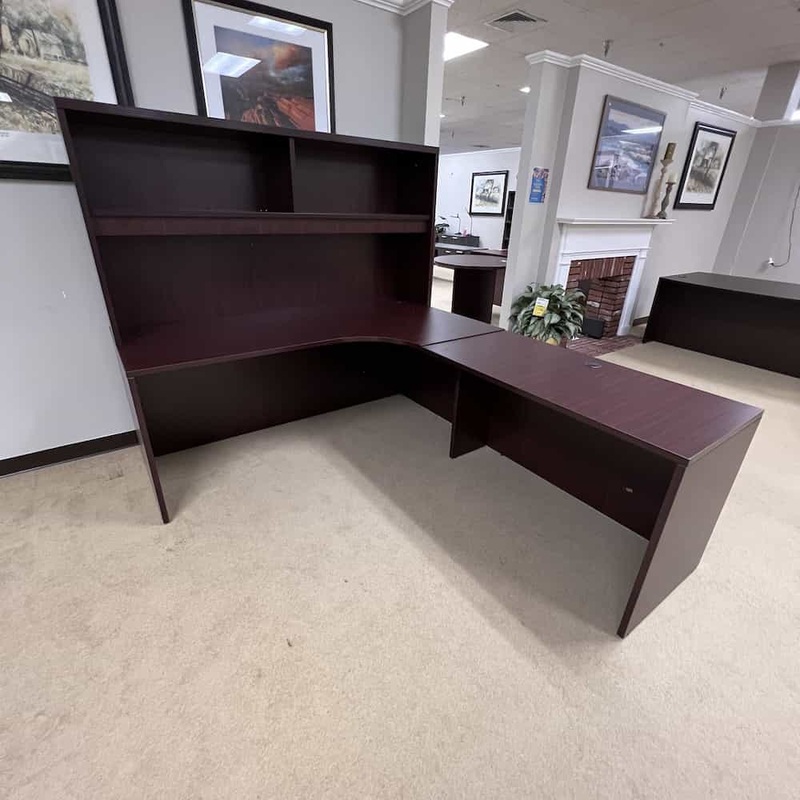 71″ Mahogany L-Desk Shell with Open Hutch – Right Return Office Furniture Liquidations