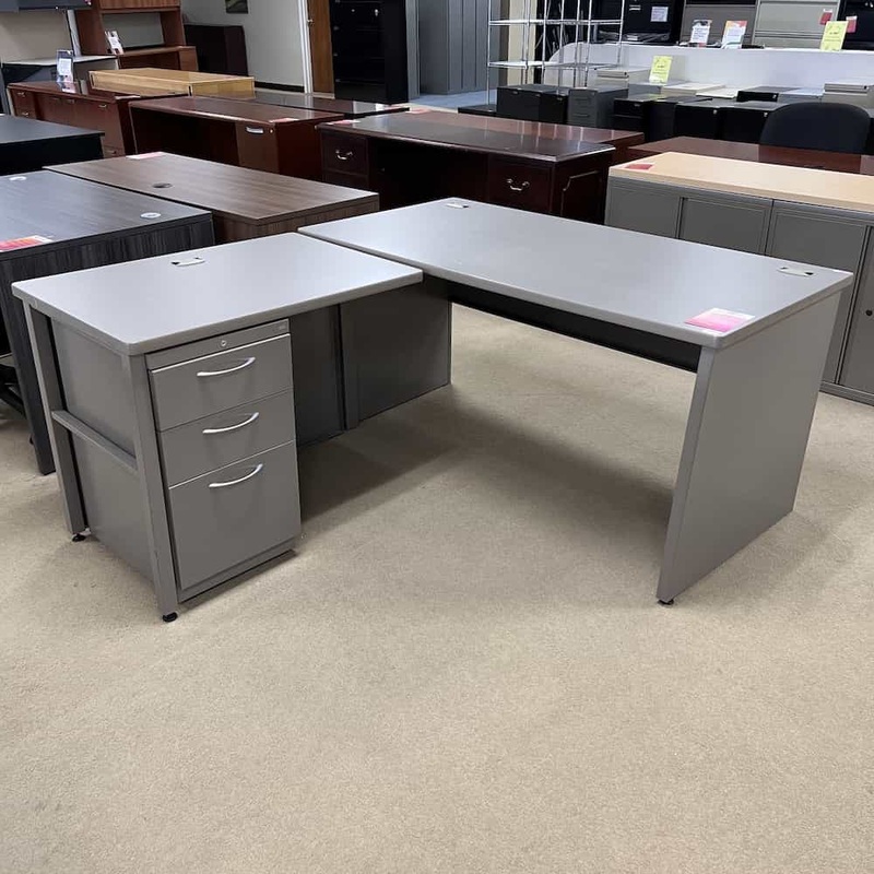 71″ Maxon Grey Laminate and Metal L-Desk with 1 Pedestal – Left Return Office Furniture Liquidations