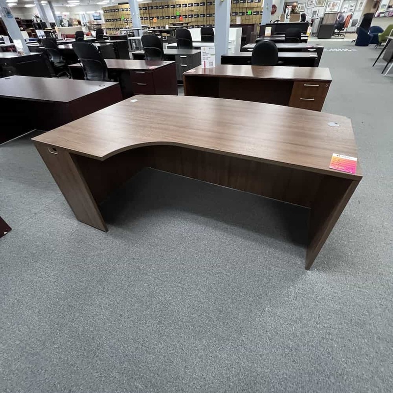 71″ Walnut Bow Front L-Desk “Pork Chop” Shell – Left Return Office Furniture Liquidations