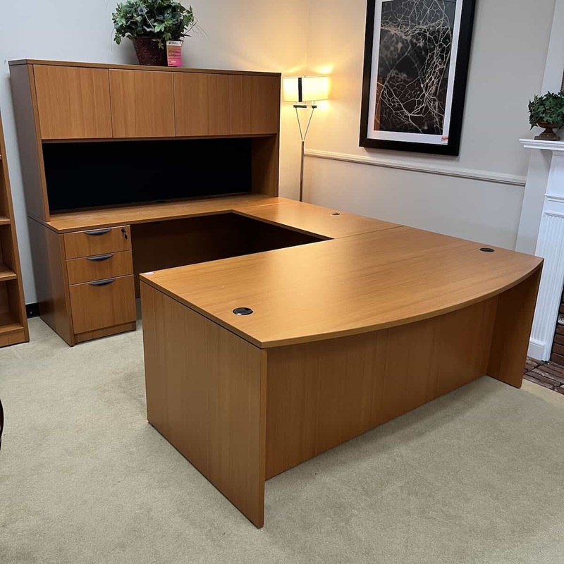 71″ Wide Honey Bow Front U-Desk with Hutch Office Furniture Liquidations