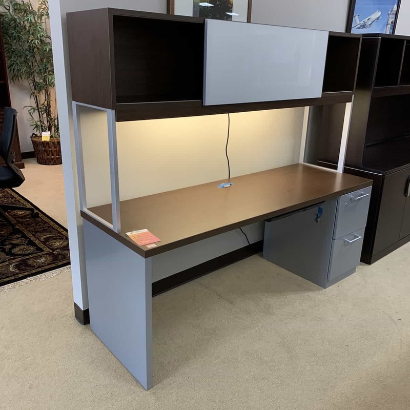 71″ Wide Steelcase Grey/Walnut Metal Credenza with Hutch and Light Office Furniture Liquidations