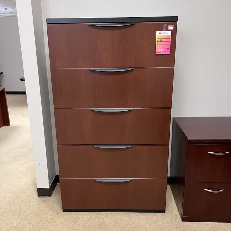54″ High Mahogany and Black 5 Drawer Lateral File Office Furniture Liquidations