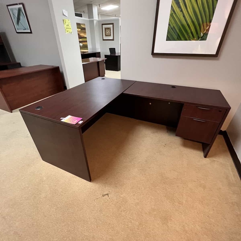 59″ Wide Mahogany/Black L-Desk – Right Return Office Furniture Liquidations