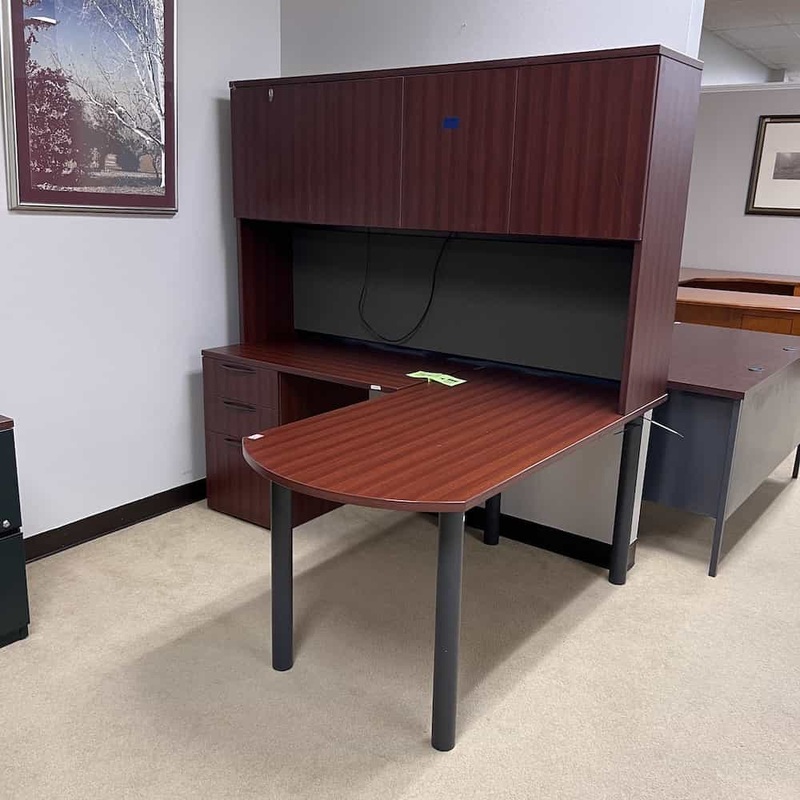 60″ Lacasse Cherry and Grey Bullet Nose L-Desk with Hutch – Left Return Office Furniture Liquidations
