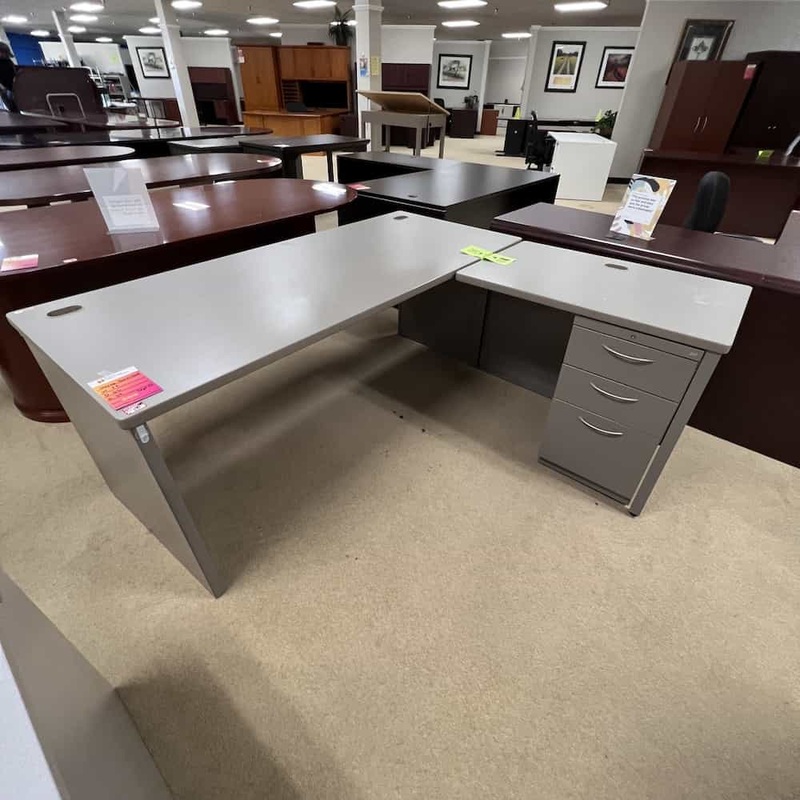 60″ Maxon Grey Laminate and Metal L-Desk with 1 Pedestal – Right Return Office Furniture Liquidations