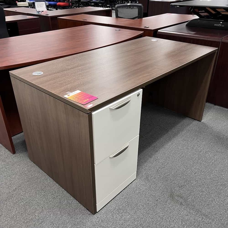60″ Walnut and White Desk with 1 Pedestal – File/File Office Furniture Liquidations