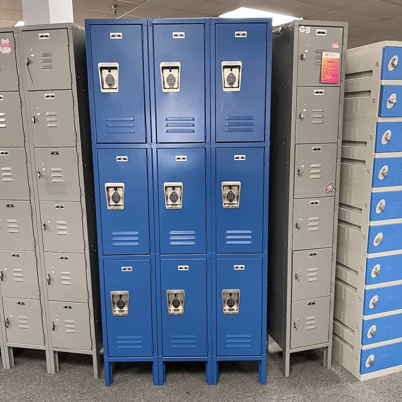 36″ W x 78″ H Jorgenson Blue Metal Lockers 3 Tier 9 Door on Legs Office Furniture Liquidations
