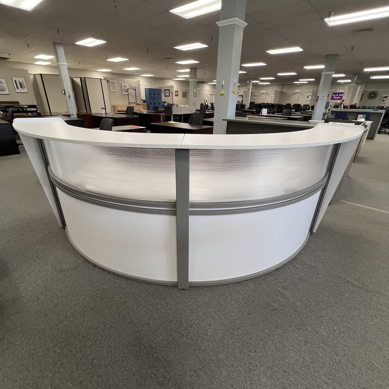 119″ W White Laminate and Grey Half Circle Reception Desk Office Furniture Liquidations
