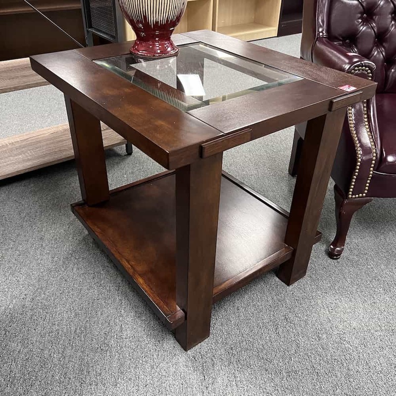 25″ Mahogany and Glass Mission Style Side Table Office Furniture Liquidations