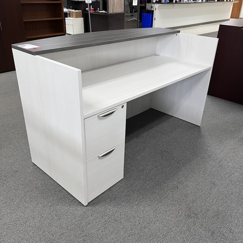 71″ x 36″ Arcadia White Laminate Reception Desk Shell – Newport Grey Transaction Top Office Furniture Liquidations