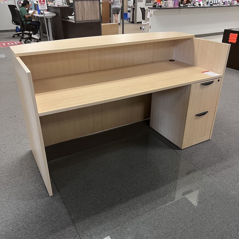 71″ x 36″ Maple and Black Reception Desk with One Pedestal – File/File Office Furniture Liquidations