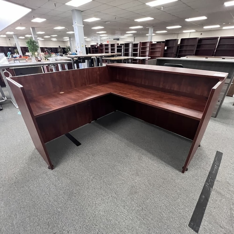 71″ x 78″ Cherry Reception L-Desk with Laminate Transaction Top – Left Return Office Furniture Liquidations