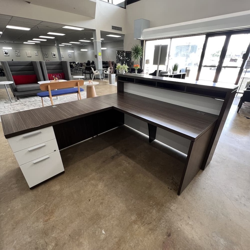 71″ x 83″ Lacasse Walnut and White Reception L-Desk – Left Return Office Furniture Liquidations