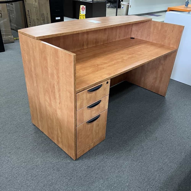 New – 71″ Honey and Black Reception Desk with One Pedestal – Box/Box/File Office Furniture Liquidations