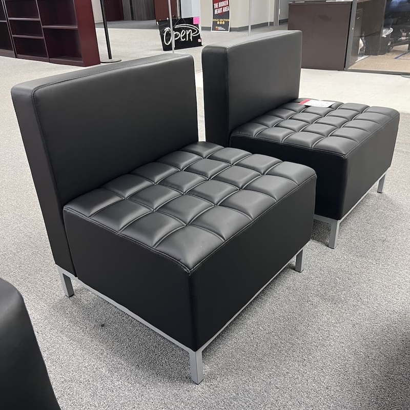 Set of 2 – 27″ W x 31″ H OfficeSource Black Vinyl Millennial Collection Modern Tufted Square Chairs Office Furniture Liquidations