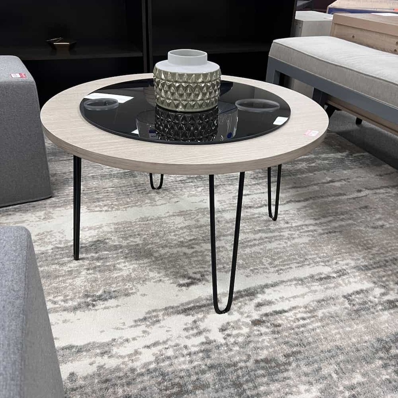 34″ Black Glass and White Walnut Laminate Modern Round Coffee Table Office Furniture Liquidations