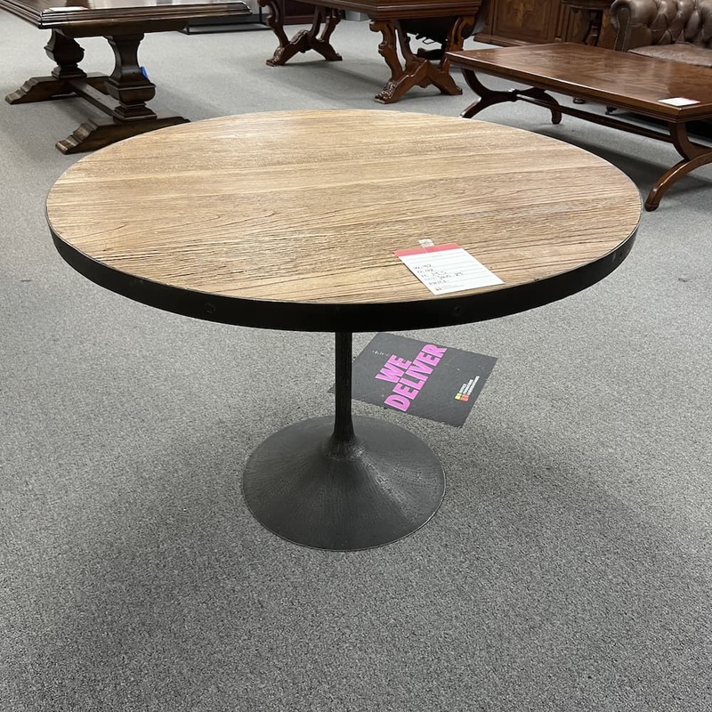 42″ Restoration Hardware Wood and Grey Metal Industrial Style Round Table Office Furniture Liquidations