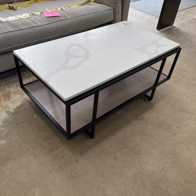 48″ Industrial Black Metal and White Stone Rectangle Coffee Table Office Furniture Liquidations