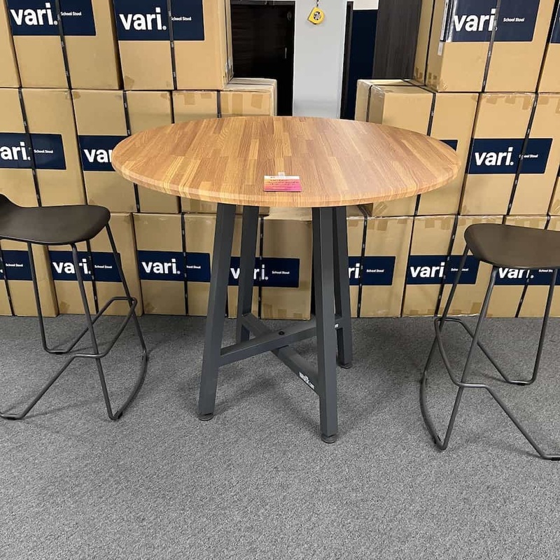 48″ Varidesk QuickPro Butcher Block and Grey Round Bar Height Table Office Furniture Liquidations